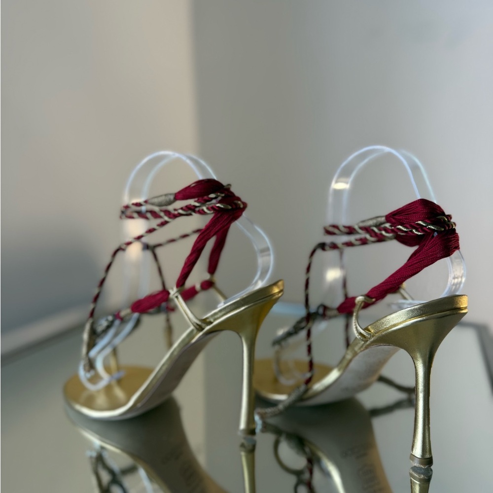 New Vintage Jimmy Choo Gold Jewel Thong Sandals with Burgundy Rope Tie 37 - Picture 9 of 12